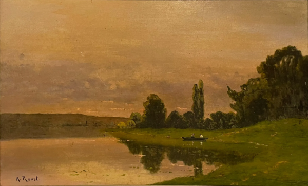 16#1 A. Roust, paysage lacustre. Huile sur toile début XXe