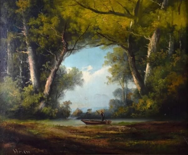 Huile sur toile fin XIXe, paysage lacustre