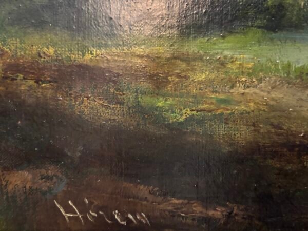 Huile sur toile fin XIXe, paysage lacustre