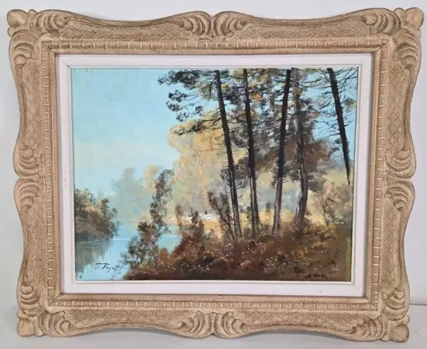 Anonyme XXe, huile sur toile, paysage lacustre