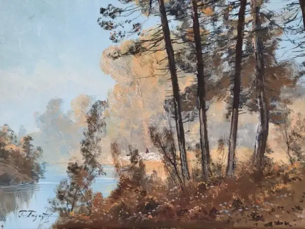 Anonyme XXe, huile sur toile, paysage lacustre