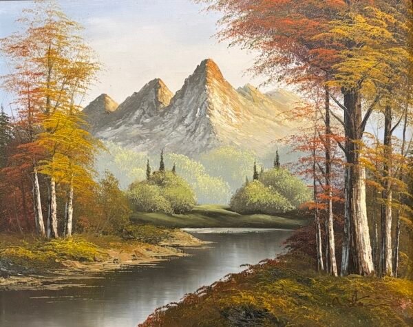 Huile sur toile au couteau, paysage de montagne en automne (Années 1970)