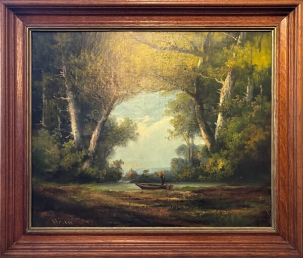 Huile sur toile fin XIXe, paysage lacustre